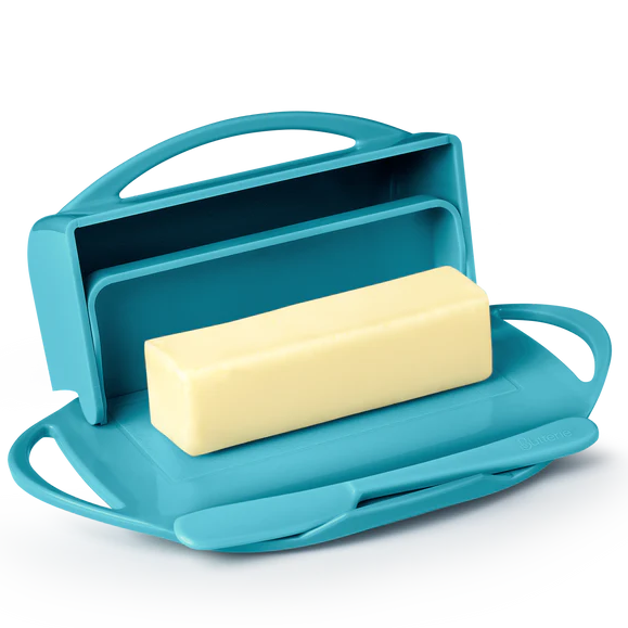 Picture depicts a aqua butter dish with two side handles, the lid up, and a matching knife. 
