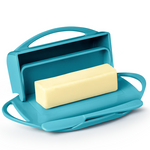 Load image into Gallery viewer, Picture depicts a aqua butter dish with two side handles, the lid up, and a matching knife. 
