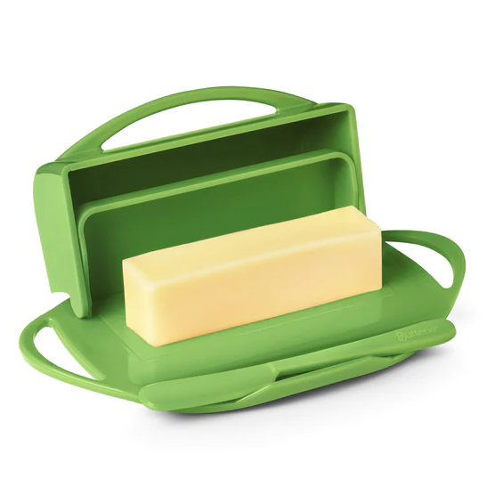 Picture depicts a green butter dish with two side handles, the lid up, and a matching knife. 