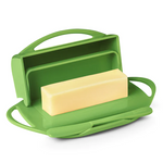 Load image into Gallery viewer, Picture depicts a green butter dish with two side handles, the lid up, and a matching knife. 

