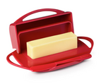 Load image into Gallery viewer, Picture depicts a red butter dish with two side handles, the lid up, and a matching knife. 
