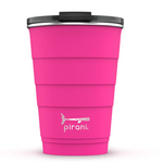 Load image into Gallery viewer, Picture depicts a hot pink tumbler with different size measuring ridges and a black lid.  Pirani logo is a small segmented whale. 
