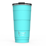 Load image into Gallery viewer, Picture depicts an aqua tumbler with different size measuring ridges and a black lid. Pirani logo is a small segmented whale.
