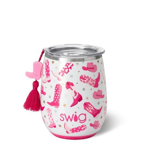 White wine insulating cup with pink cowgirl boots and hats on it. Also has a pink tassle with a cowgirl boot on it. 