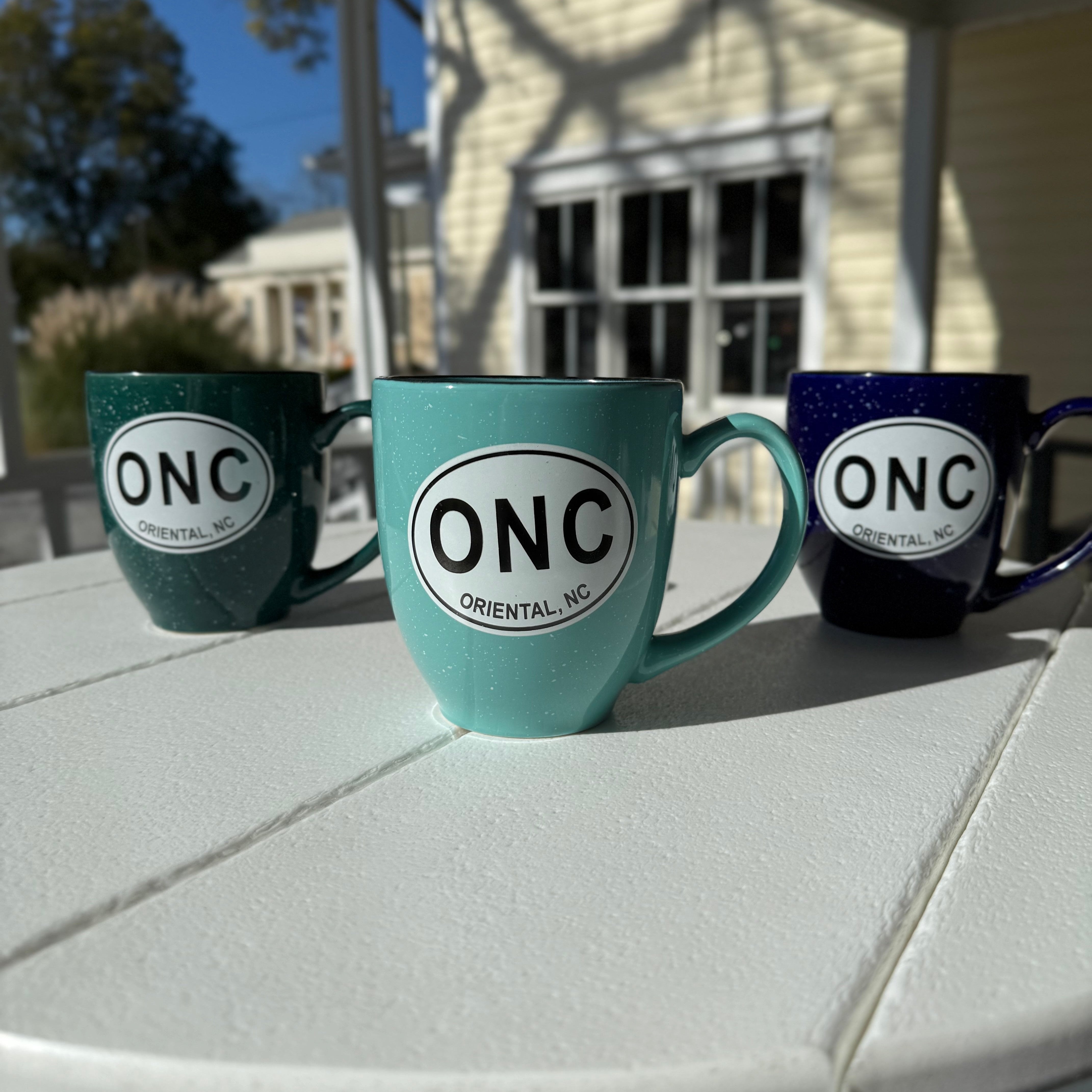 group picture of 3 Bristo mugs in the color Aqua, Green and Cobalt.