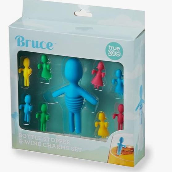 Human looking wine stopper and colorful wine charms in blue box. 