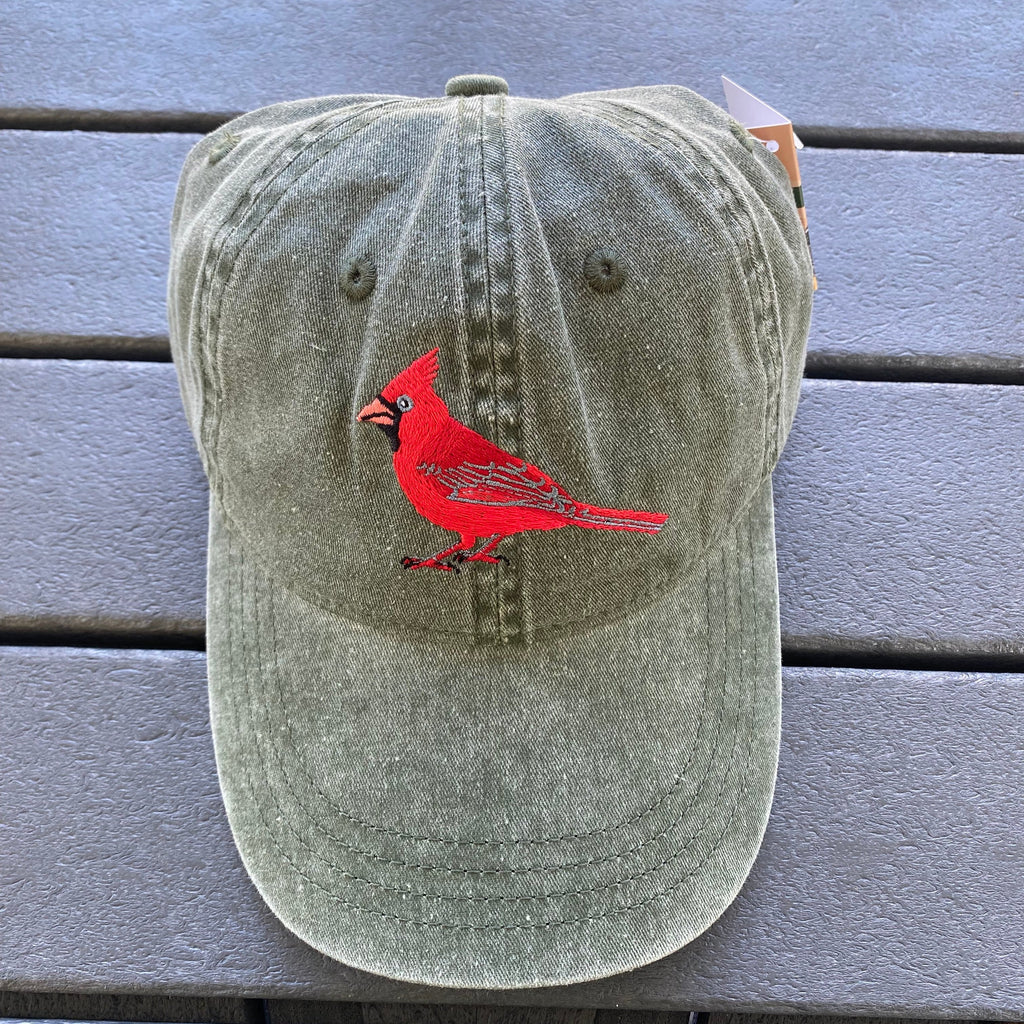 Olive green hat with Re3d cardinal embordered on it 