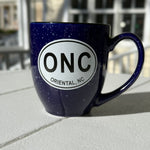 Load image into Gallery viewer, cobalt colored Bistro mug with Oriental North Carolina decaled on it. 
