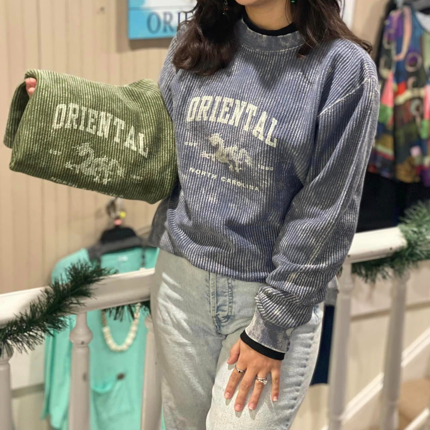 Alivia is wearing our Vintage Dragon Corded Crew in Indigo