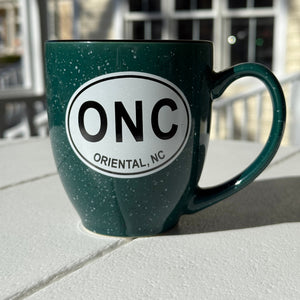 green colored Bistro mug with Oriental North Carolina decal on it. 