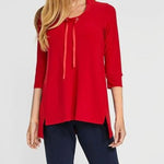 Load image into Gallery viewer, Front of sweatshirt is a red tunic style shirt. With a defined collar with red ribbon strings. Strings come out at the neck from a silver embellishment
