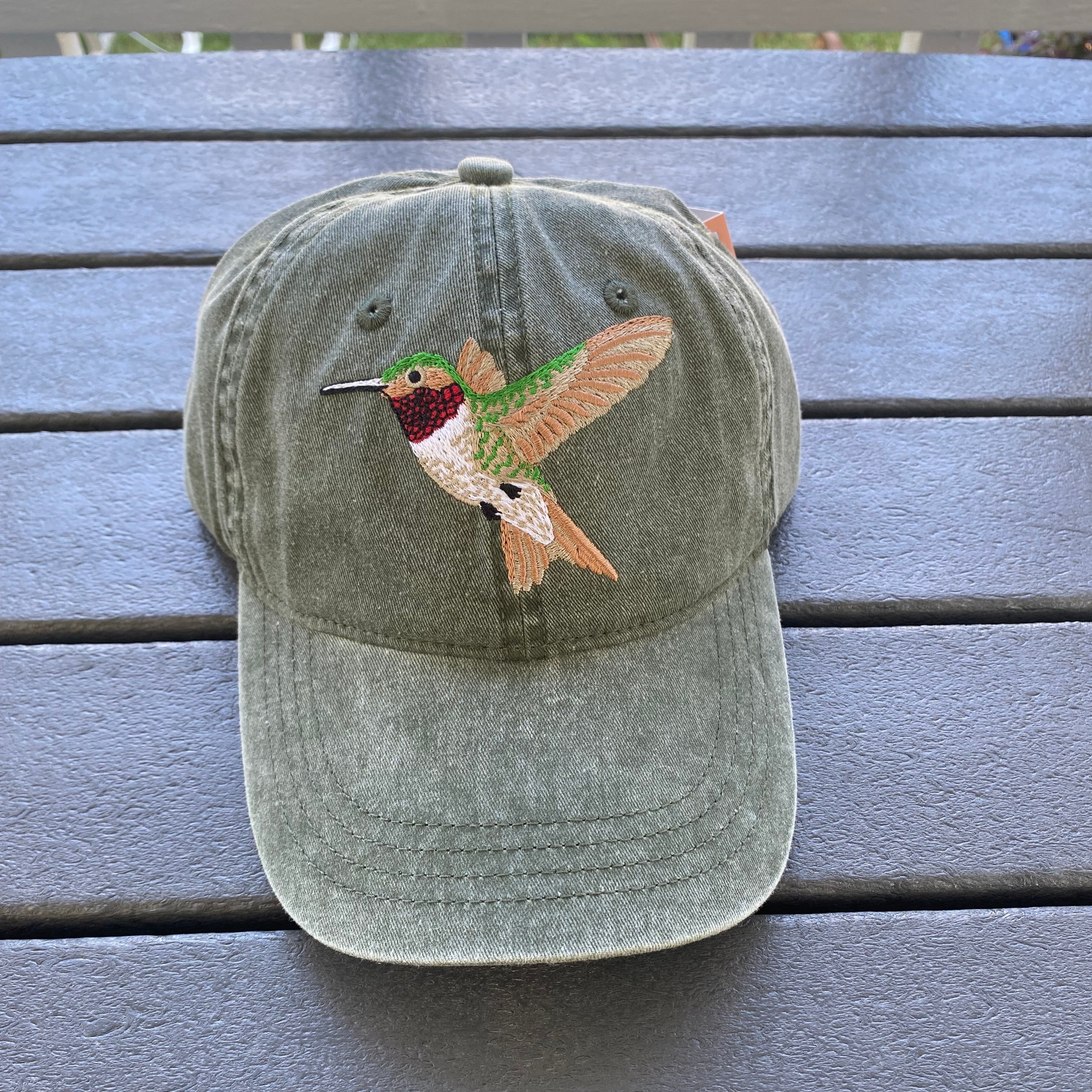 Hummingbird embroidered on Olive green hat.