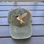 Load image into Gallery viewer, Hummingbird embroidered on Olive green hat.
