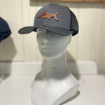 Load image into Gallery viewer, Black and Charcoal grey hat with a leather marlin emblem with the USA flag etched into it.

