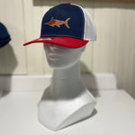 Load image into Gallery viewer, Red, white, and blue hat with a leather marlin emblem with the USA flag etched into it. 
