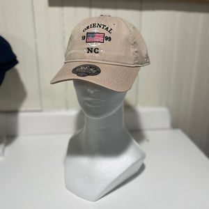 khaki colored cotton hat with Oriental Nc embroidered around the American flag. 