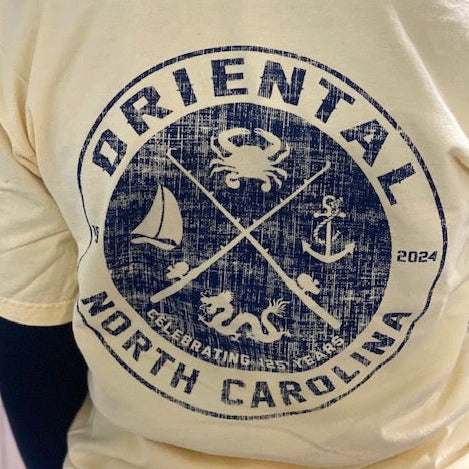 Oriental T-shirt with a Dragon, Sailboat, Anchor, and a Crab in a Pale Yellow