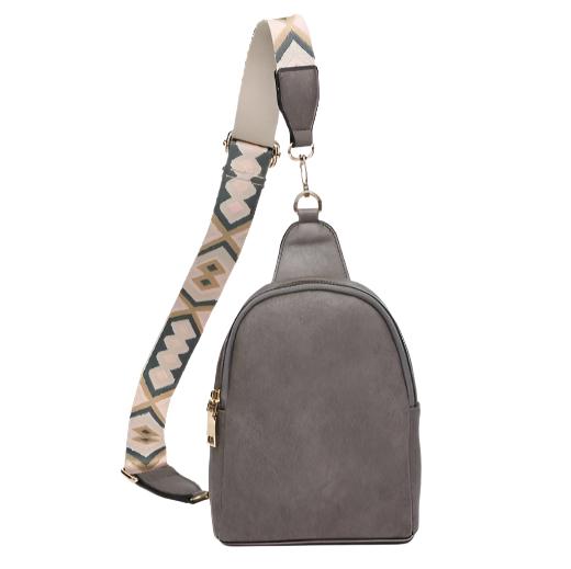 Oval like crossbody with strap. gray