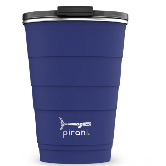 Picture depicts a navy tumbler with different size measuring ridges and a black lid.  Pirani logo is a small segmented whale. 