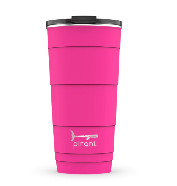 Picture depicts a hot pink tumbler with different size measuring ridges and a black lid. Pirani logo is a small segmented whale.