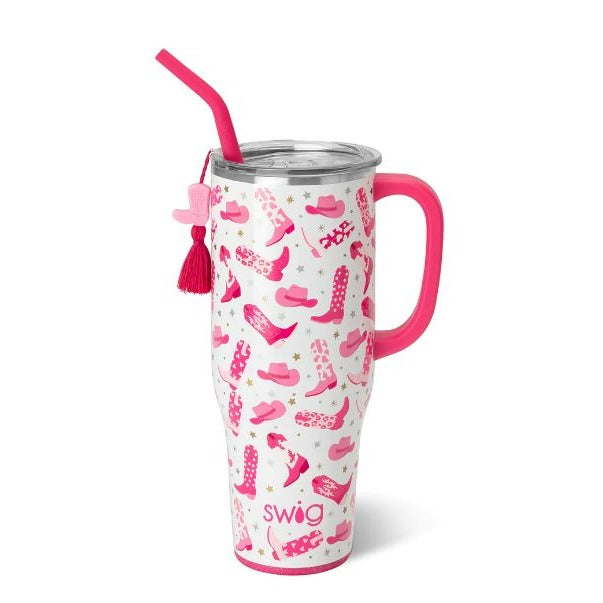 40oz tumbler with pink handle, pink and white cowgirl boot print and a flexible pink straw. 
