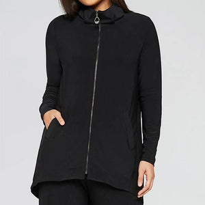 A long black front zip jacket. It features a high pleated neck and comfy long sleeves.
