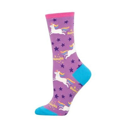 Purple socks with a unicorn design