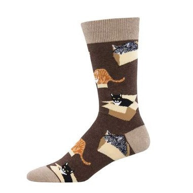 Brown Socks with Cat in Boxes Print