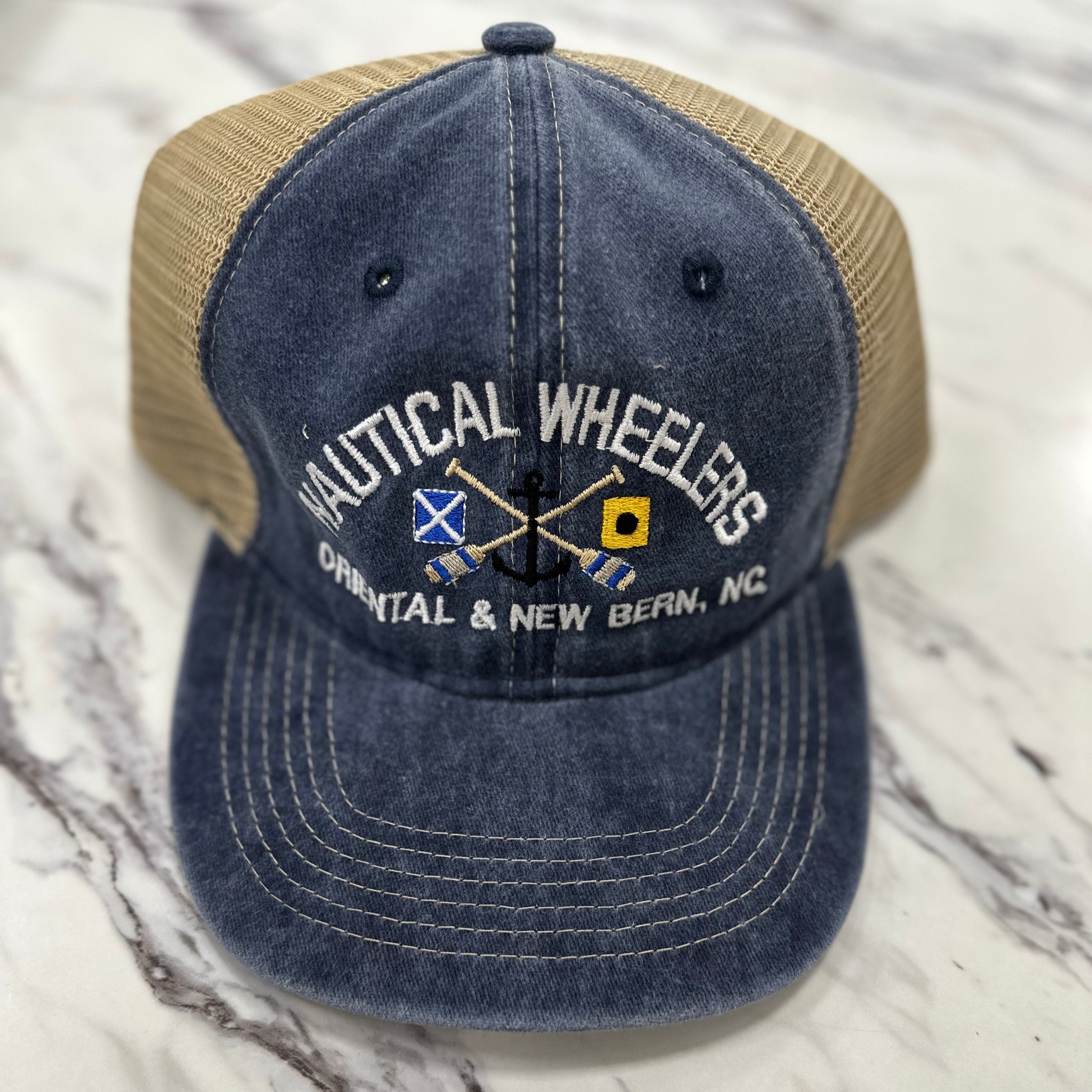 navy and khaki nautical wheelers hat