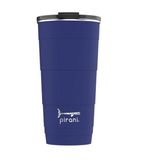Load image into Gallery viewer, Picture depicts a navy tumbler with different size measuring ridges and a black lid. Pirani logo is a small segmented whale.
