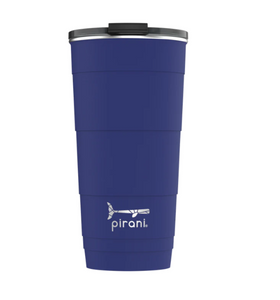 Picture depicts a navy tumbler with different size measuring ridges and a black lid. Pirani logo is a small segmented whale.