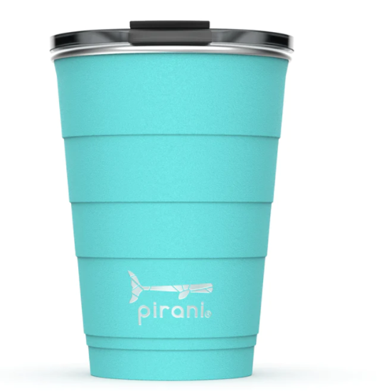 Picture depicts an aqua blue tumbler with different size measuring ridges and a black lid.  Pirani logo is a small segmented whale. 
