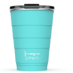 Load image into Gallery viewer, Picture depicts an aqua blue tumbler with different size measuring ridges and a black lid.  Pirani logo is a small segmented whale. 
