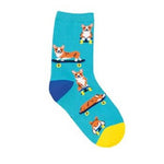 Load image into Gallery viewer, Teal socks with corgi&#39;s on skateboards
