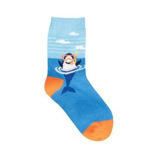 Blue sock with a shark wearing a snorkel