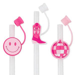Load image into Gallery viewer, Three pink straw toppers on clear straws. Left is a smiley face, middle a cowgirl boot, right disco ball. 
