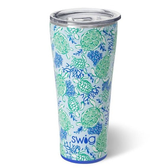 32oz blue tumbler with green turtles and blue coral print. Clear lid. 